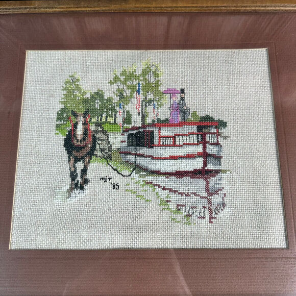 Vintage Cross Stitch Horse Ferry Boat Trees Water Complete Framed Finished 15x12 - Picture 3 of 11